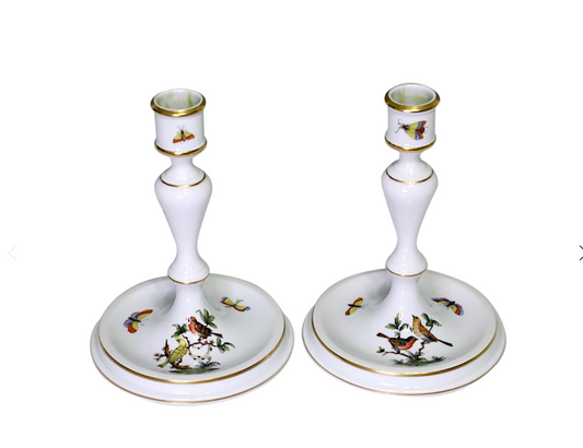 Herend Rothschild Hand Painted White Porcelain Candlesticks With Garden Birds and Butterflies, a Pair