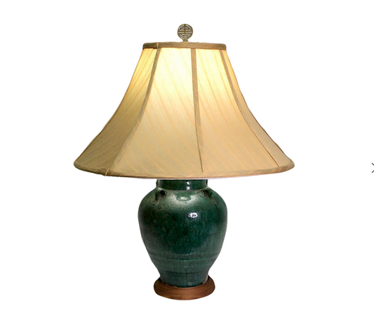 Antique Shiwan Martaban Jar Table Lamp with Green Flambe Glaze & Gold Silk Shade