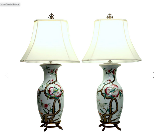 Large Antique Chinese Republic Period Tall White Porcelain Tables Lamps With Gilt Stands, Peaches & Bats, a Pair