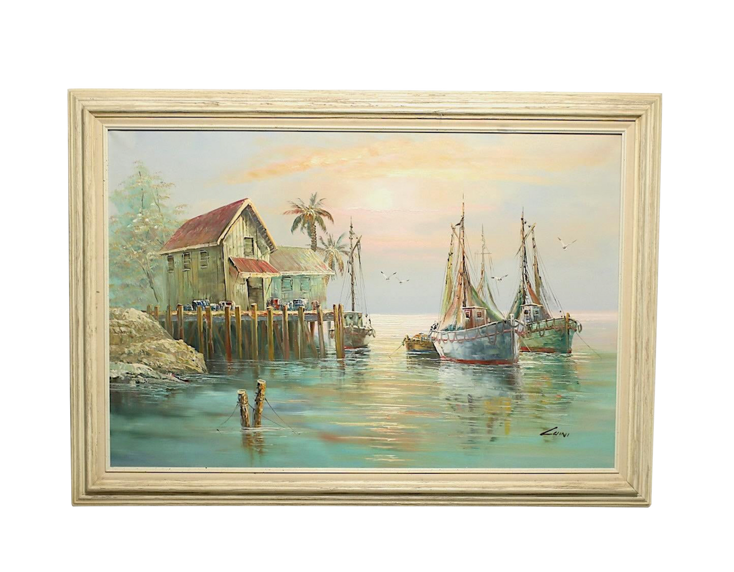 Anchored Fishing Boats in Key West at Sunset Mid Century Oil Painting on Canvas by John Luini