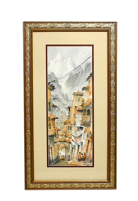 Andean Village Mountain Scene, Framed Watercolor Painting by Tegui