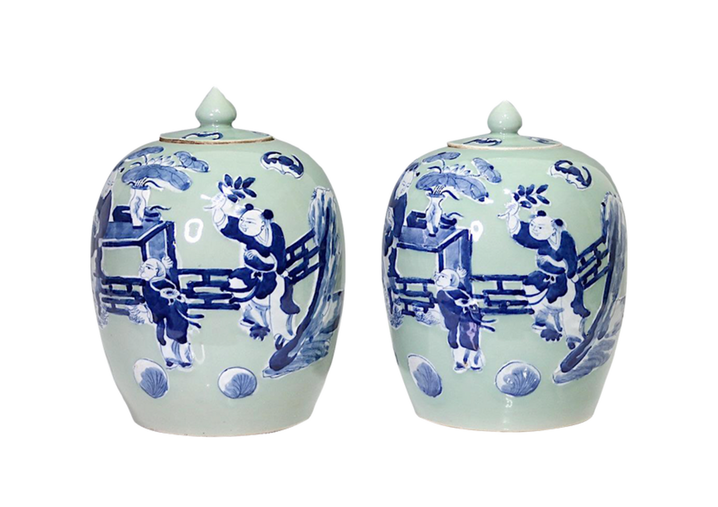 Antique Chinese Blue & White Ginger Jars Over Celadon Glaze, a Pair Late 19th Century