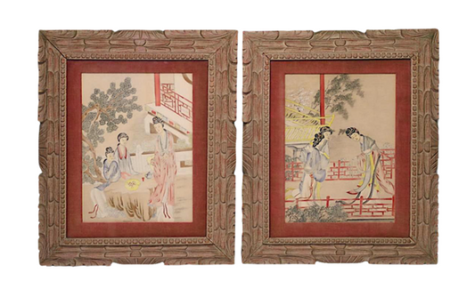 Vintage Chinoiserie Collotype Framed Prints Ladies Gathering in the Chinese Garden, A Pair