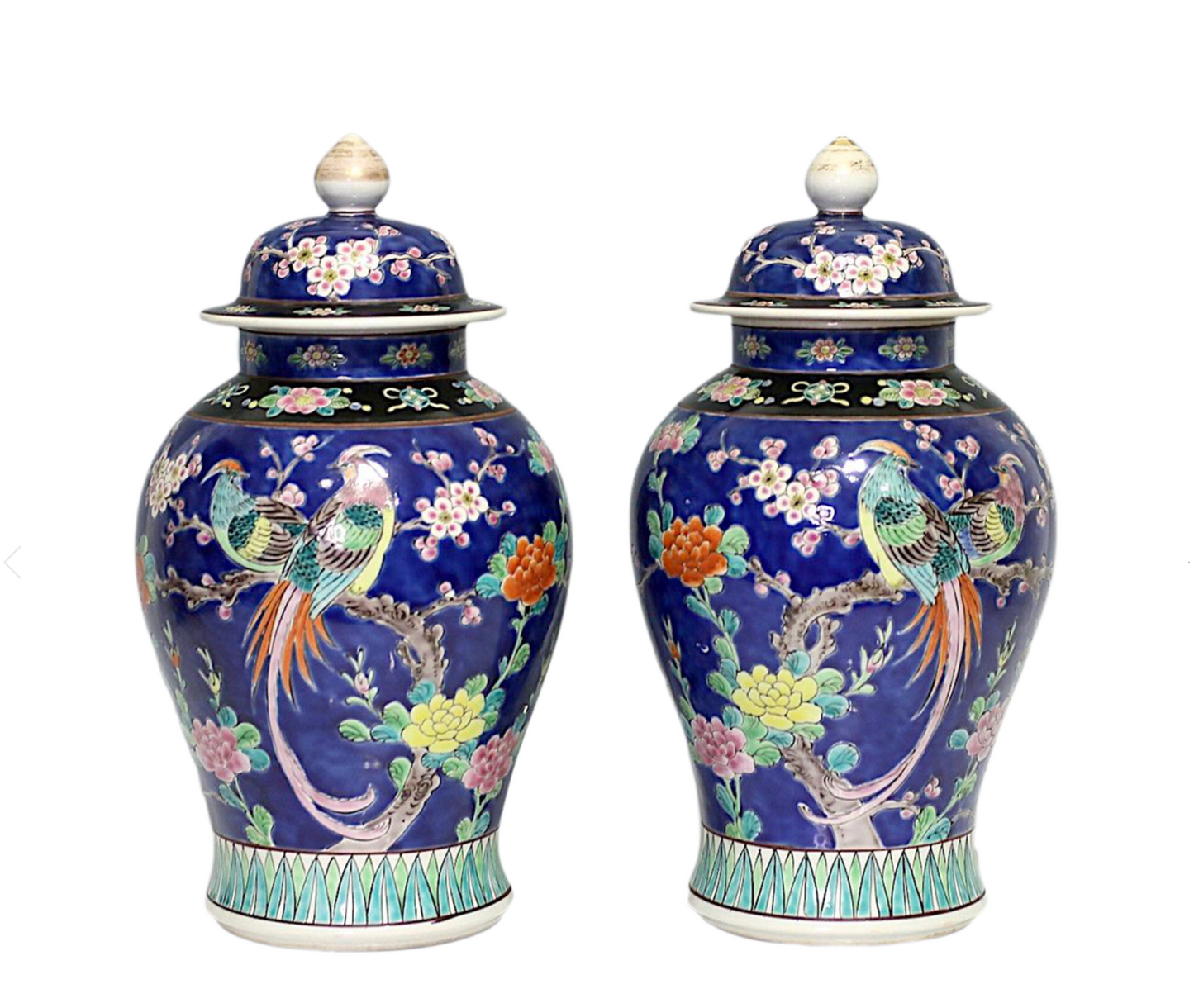 Antique Opposing Japanese Blue Yamatoku Porcelain Covered Urns / Vases With Cherry Blossom & Exotic Birds(1920's) Taisho Era, a Pair