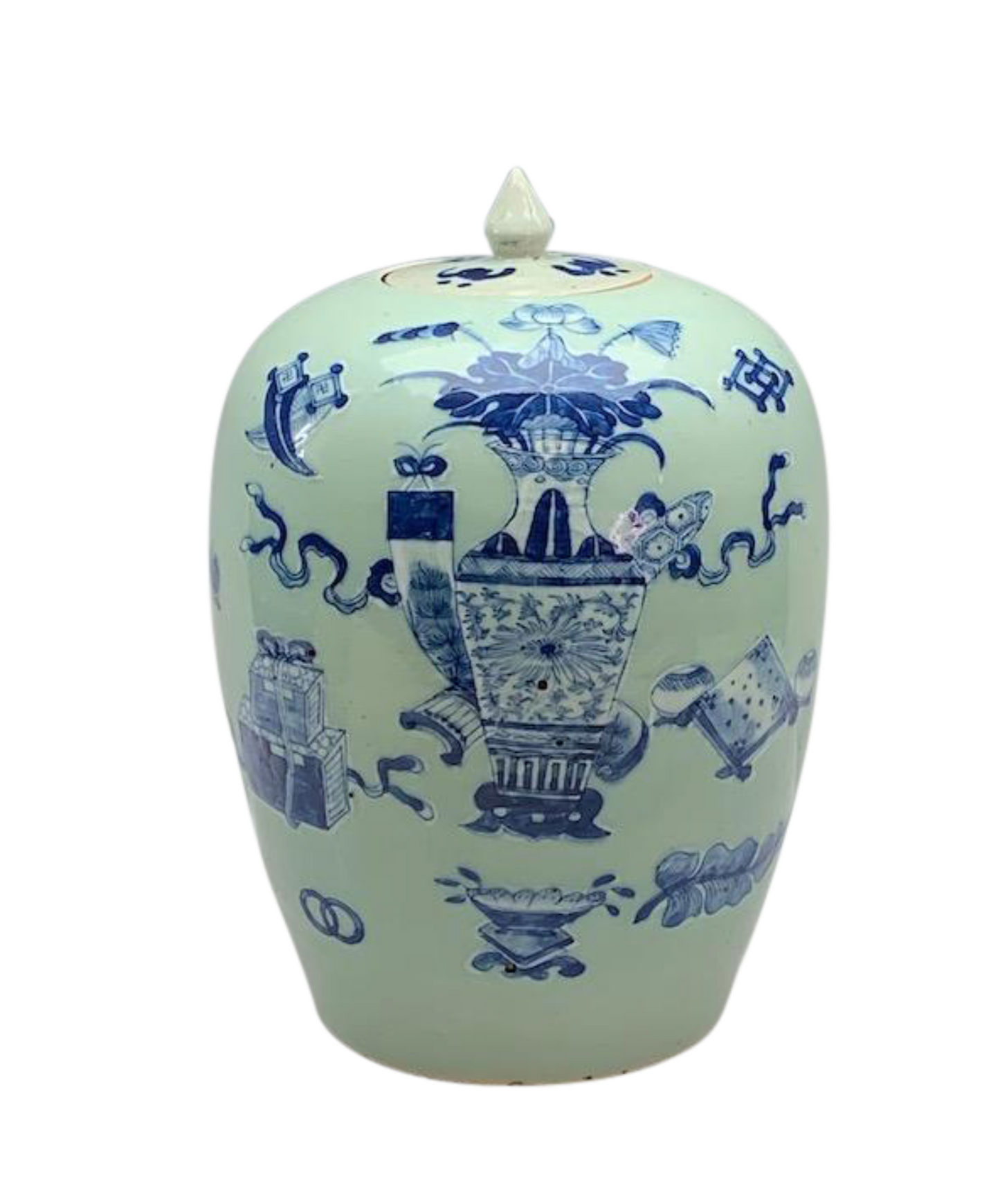 Mid 19th Century Chinese Blue and White Enamel on Celadon Antique Ginger Jar With Auspicious Objects