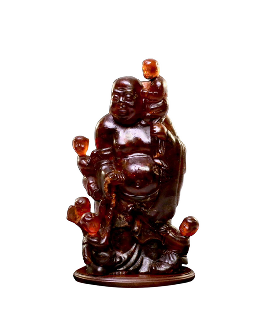 Antique Qing Dynasty Chinese Natural Amber Laughing Buddha Sculpture With Children