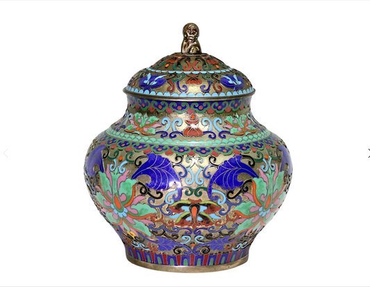 Antique Chinese Champleve Blue, Pink and Green Enamel Covered Urn With Foo Lion Finial