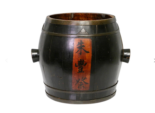 Large Antique Qing Dynasty Rustic Chinese Brass Black Banded Storage Barrel with Calligraphy