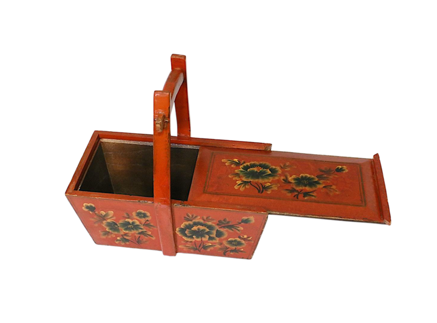 Antique Qing Dynasty Red Lacquer Hand Painted Floral Handled Storage Box / Basket with Sliding Lid