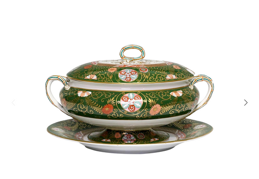 Antique 19th Century Mason's Ironstone Lavishly Decorated Green and Gold Covered Tureen & Under Tray