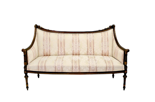 Antique French Louis XVI Settee or Loveseat Carved Walnut and Parcel Gilt with Brocade Uphostery