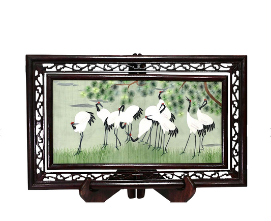 Red Crowned Cranes Under a Pine Trees, Rotating Chinese Republic Framed Silk Embroidery