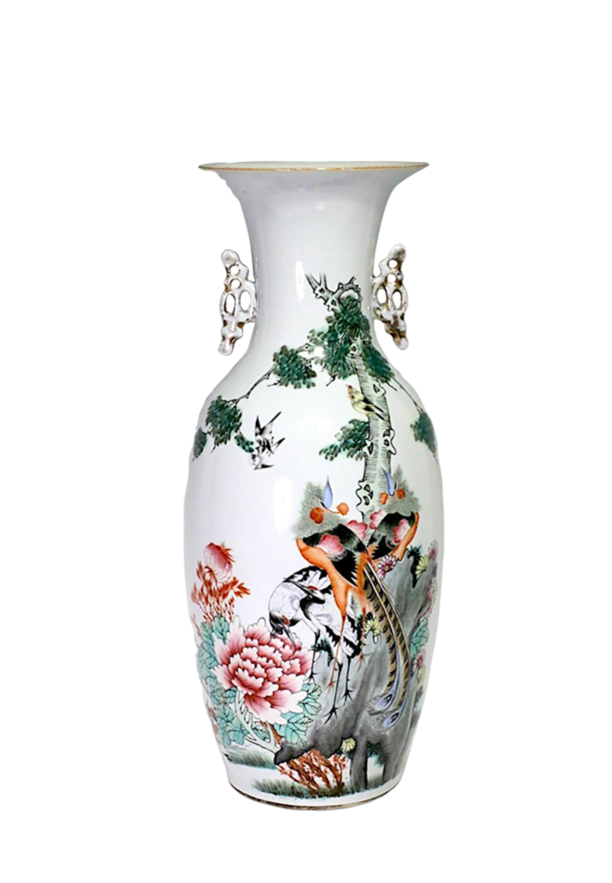 Large Antique Qing Dynasty Chinese Famille Rose White Porcelain Vase With Exotic Birds & Calligraphy