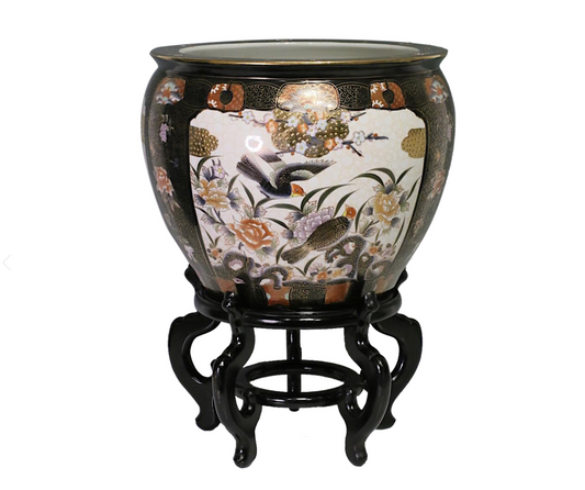 Large Chinese Black, White & Gold Porcelain "Fish Bowl" Planter with Gilt Work, Birds, & Matching Stand