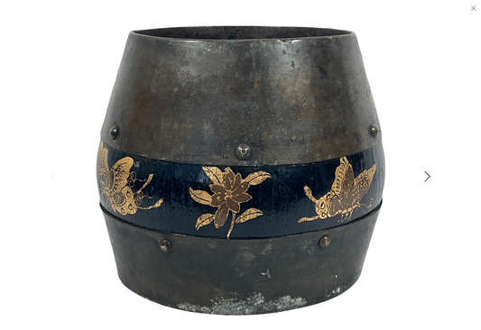 Antique Chinese Elm & Fir Wood Rice Measure Container / Bucket Anhui Province With Gold Butterflies and Moths, Qing Dynasty