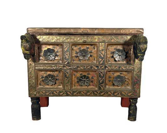 Rustic Murghal Storage Chest or Box, Side or Drinks Table with  Flowers, Horses, Indian