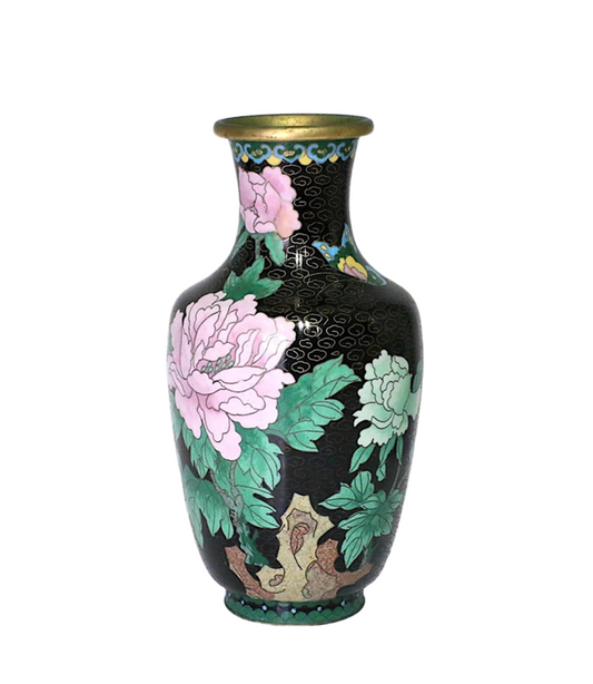 Vintage Chinese Black Cloisonne Vase with Butterflies, Pink & Jade Green Peony Flowers