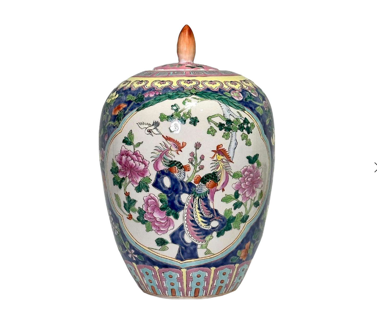 Vintage Chinese Peranakan Porcelain Ginger Jar with Exotic Birds and Colourful Flowers, Qianlong Dynasty Mark