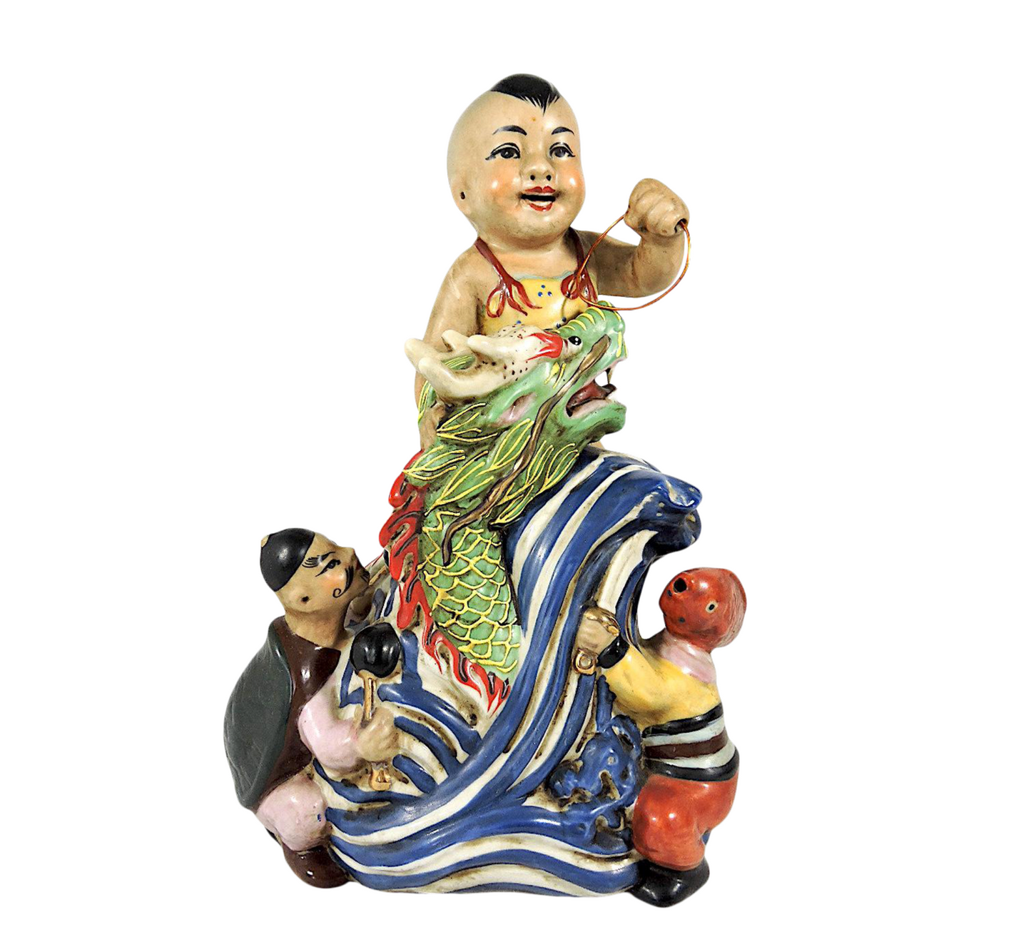 1920's Neptunes Child - Porcelain Figural Group with a Boy & His Green Dragon, Early Republic - Chinese