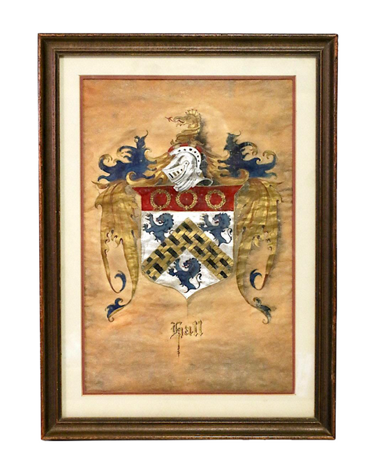 Antique "Hall" Coat of Arms / Family Crest,  Original Gouache Framed Painting on Parchment