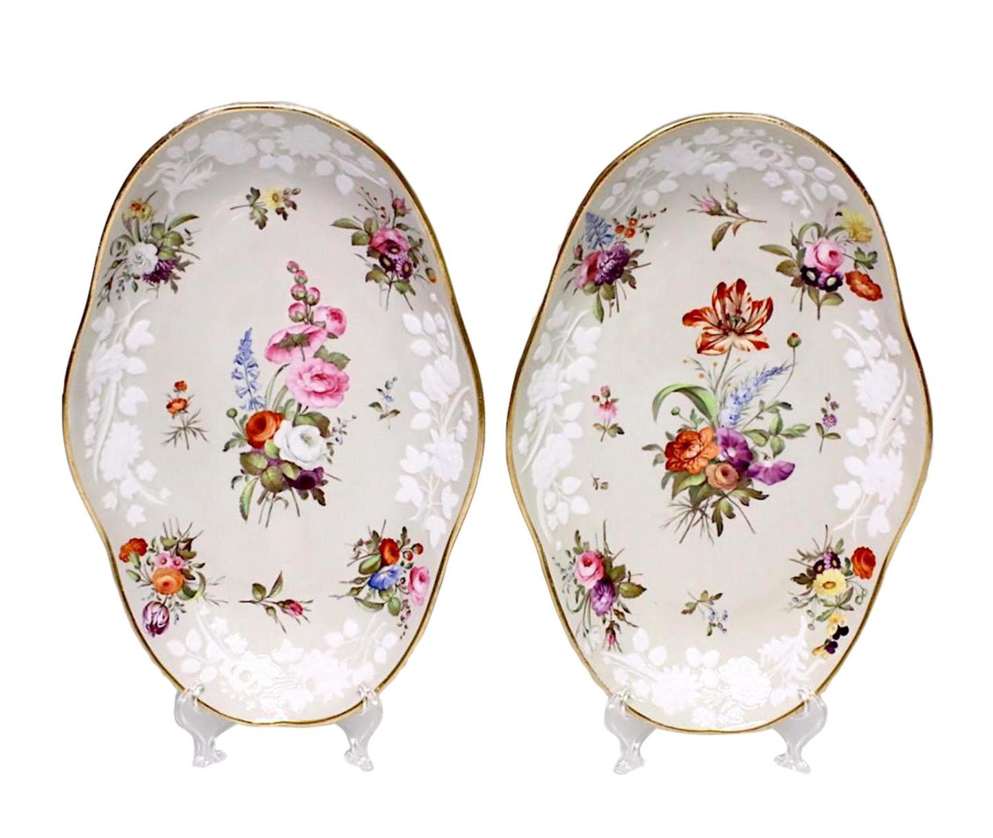 Antique Hand Painted Spode White Porcelain Platters with English Hand Painted Wild Flowers