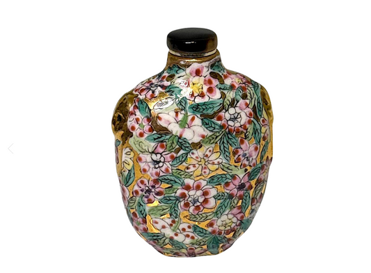 Vintage Chinese Porcelain Gold Snuff Bottle with Fu Dog Handles and Mille Fleur Design - Signed