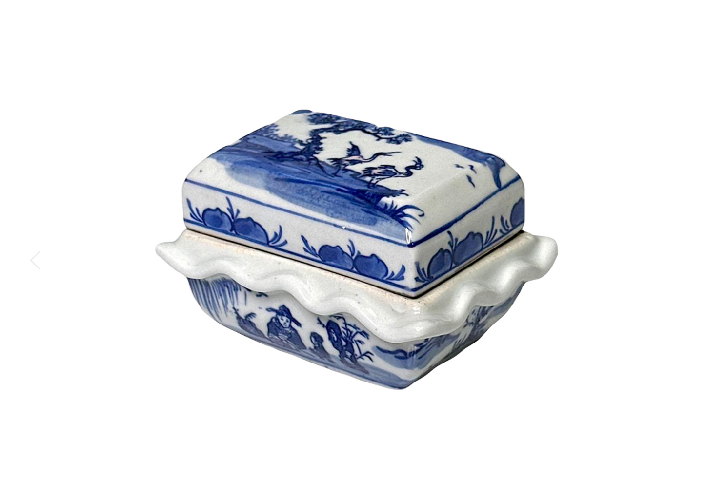 Antique Chinese Blue & White Porcelain Trinket Box With Ruffled Edge, Cranes & Interior Scene, Guangxu Reign Mark