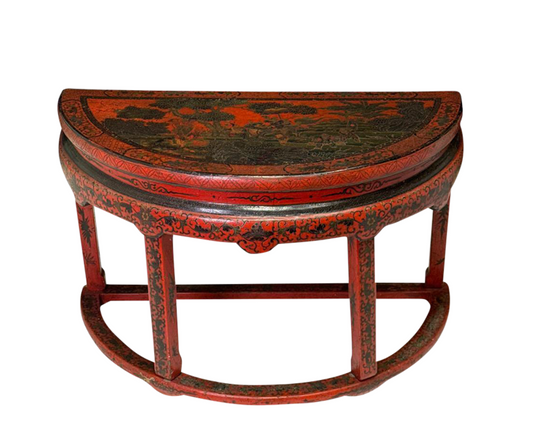 Antique Chinese Red Lacquer Demi Lune Console or Lamp Table, Qing Dynasty 19th Century