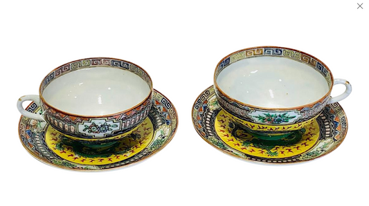 Fine Chinese Early Republic Period Famille Jaune Tea Cups & Saucers With Dragons - Set of 2