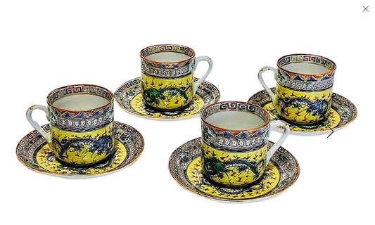 Chinese Early Republic Period Famille Jaune Demitasse Cups & Saucers With Dragons - Set of 4