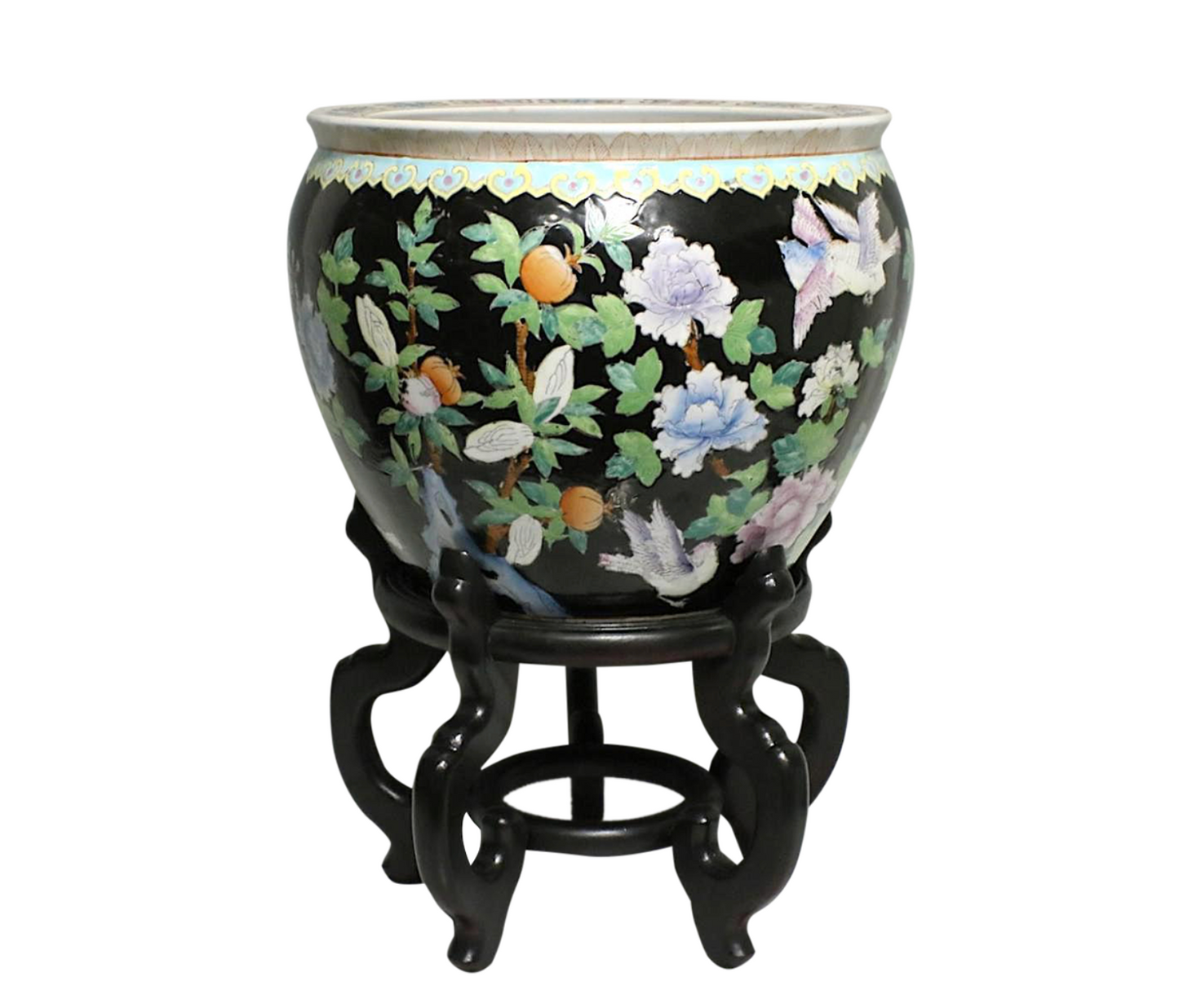 Large Vintage Chinese Famille Noire Black "Fish Bowl" Porcelain Planter with Wood Stand, Jingdezhen Hallmark