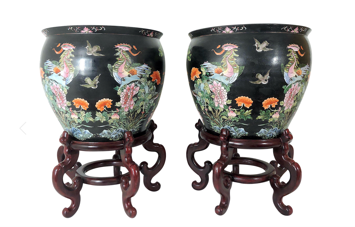 Early 20th Century Family Noire Black Chinese Porcelain Planters With Goldfish & Phoenix Birds - a Pair, on Rosewood Stands