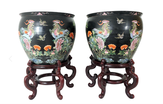 Early 20th Century Family Noire Black Chinese Porcelain Planters With Goldfish & Phoenix Birds - a Pair, on Rosewood Stands