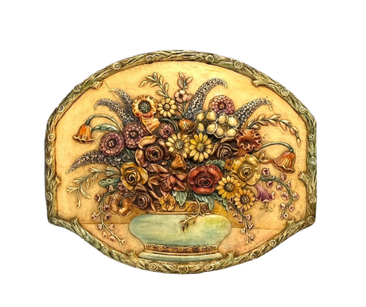 The Mediterranean Wild Flower Basket, Antique Italian Hand Made Sculptural Wall Plaque, Signed Shull