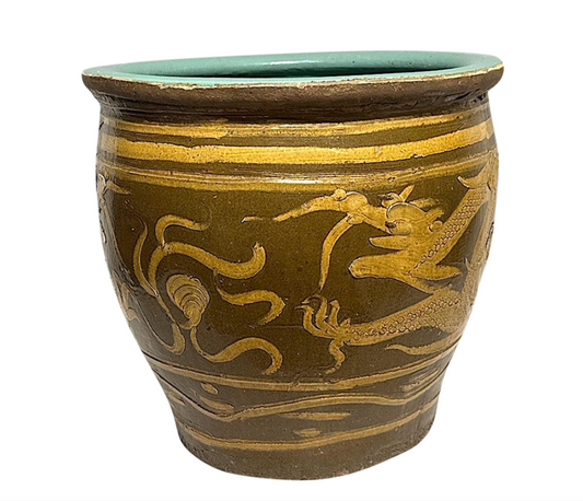 Early 20th Century Glazed Chinese Ceramic 'Egg Pot' With Five Clawed Dragons, Hand Made Rustic Planter