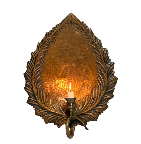 Antique Hammered Copper Leaf Form Candle Holder / Wall Sconce Reflector