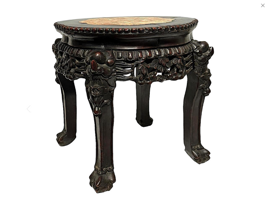 Antique Chinese Carved Rosewood and Inlaid Marble Taboret Table / Pedestal / Low Stool with Foo Dogs