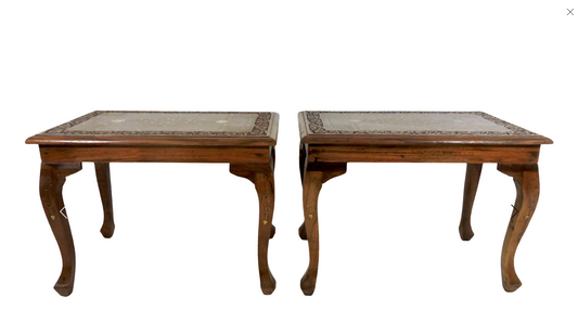 Solid Teak Side / Drinks Tables, Hard Carved With Inlaid Copper & Brass, Glass Tops - a Pair