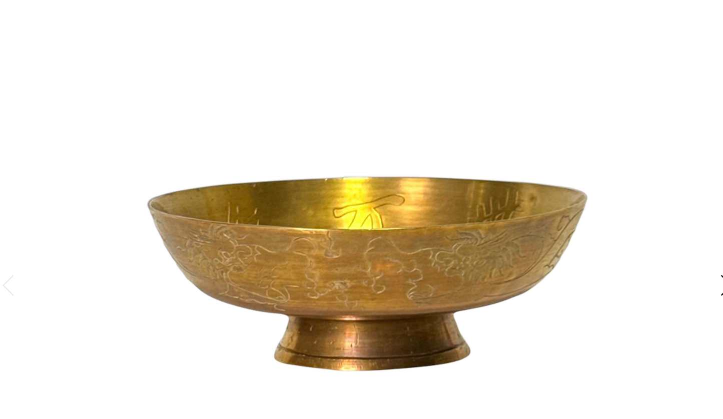 Antique Engraved Chinese Brass Bowl w/ Auspicious Calligraphy, Dragons & Xuande Ming Dynasty Mark