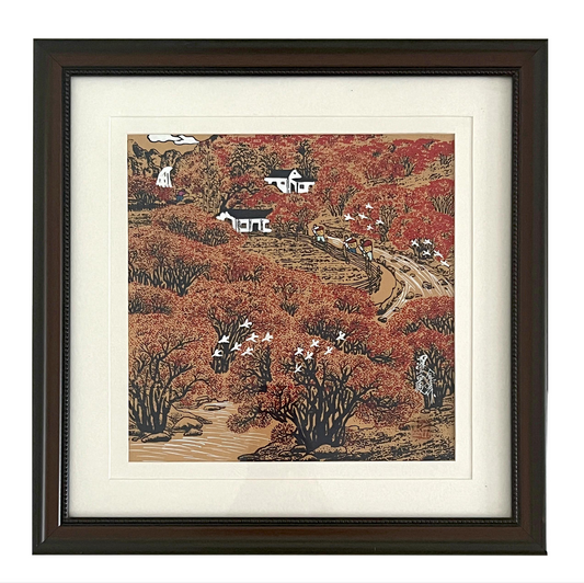 The Autumn Forest Village, Modernistic Original Woodblock Framed & Signed Picture