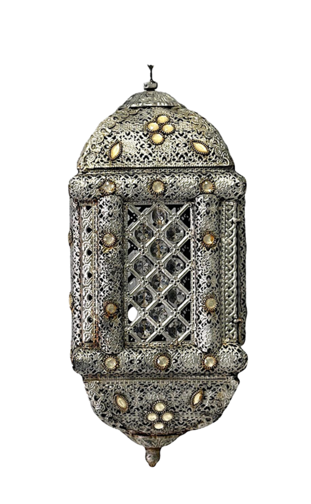 Vintage Bejeweled Moroccan Silver Hanging Lantern, Ceiling Light for Candle