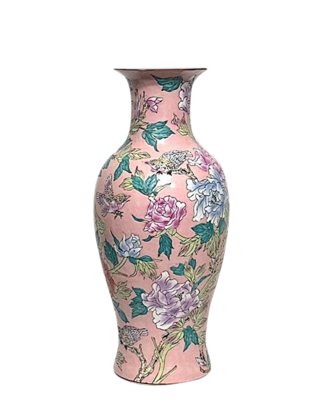 Large Scale Chinese (Macau) Pink Floor Vase With Enamelled Birds & Flowers