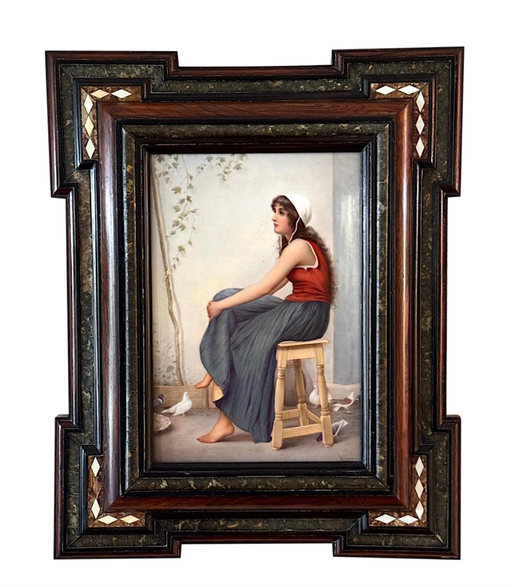 Antique KPM Painted Porcelain Plaque "The Young Girl With Doves" Signed Wagner, 19th. Century