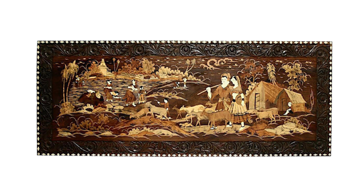 Large Antique Indian Carved & Marquetry Scenic Rosewood Wall Panel / Coffee Table Top / Wall Hanging