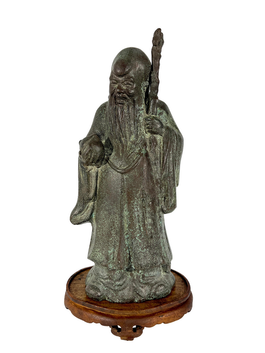 Chinese Bronze Figure/Statue of the Wise Man, Fu Lou Shou - Deity of Longevity, With Wood Stand