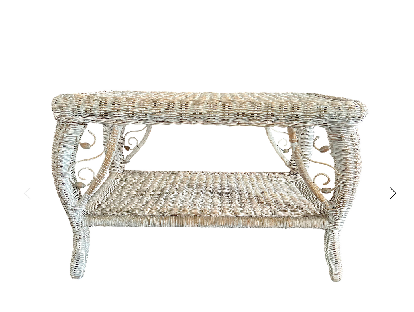 Vintage Distressed White Beige Wicker Rectangular Side or Occasional Table, Heywood Wakefield Style