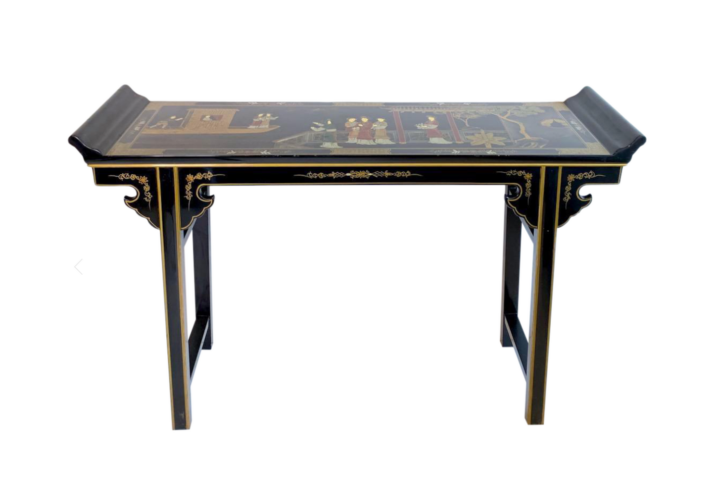 Vintage Chinese Black Lacquer Hand Painted 'Ladies in the Tea Pavillion' Altar or Console Table