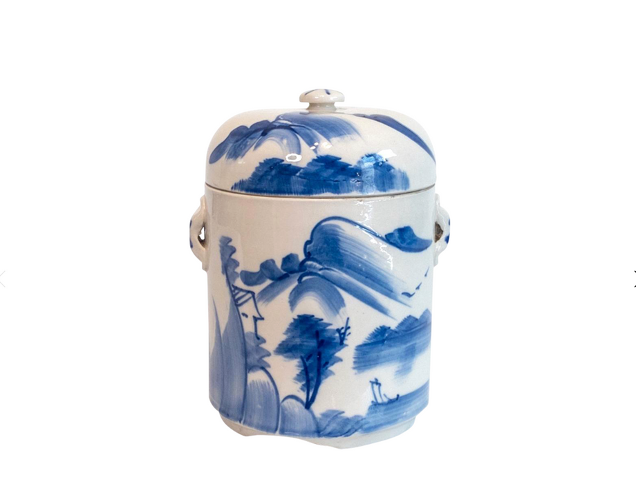 Vintage Mid Century Chinese Porcelain Blue & White Landscape Tea Caddy or Storage Jar