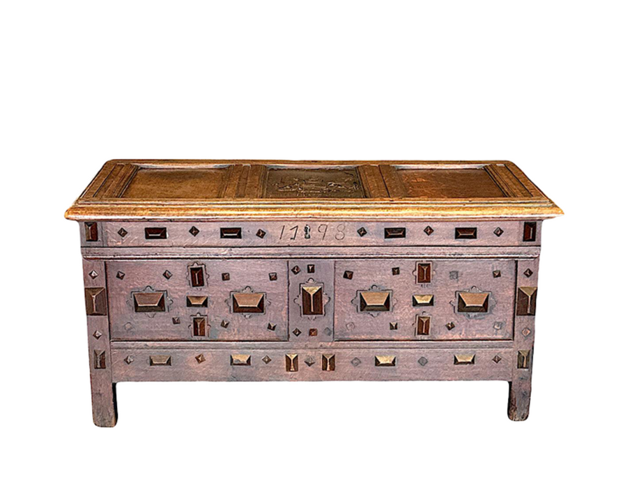 Antique English Oak Coffer or Storage Chest (Trunk) Dated 1798 with "Massy" Carved Armorial Crest