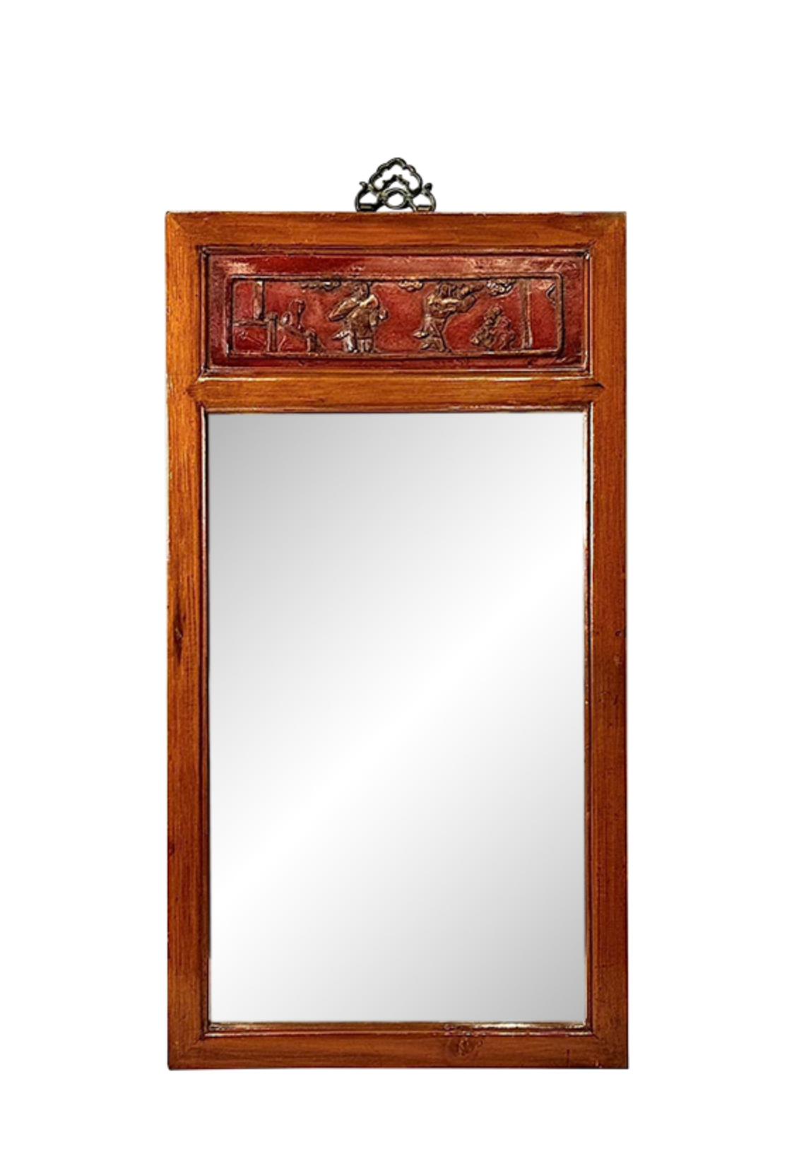 Antique Chinese Pine Wall Mirror With 19th. Century Carved Red Gold Inset Lacquered Panel